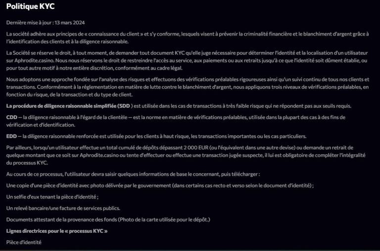 Aphrodite Casino politique KYC